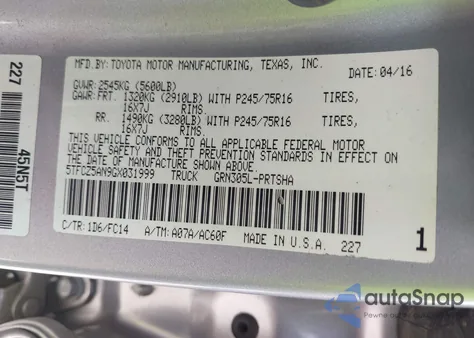 2016 Toyota Tacoma Sr5 V6 из США, поврежденный, VIN 5TFCZ5AN9GX031999